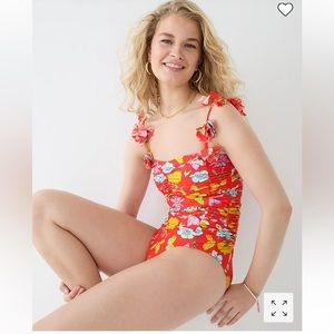 Dauphinette X J.Crew ruched flower-strap 1-piece red swimsuit. Worn 2x, washed.